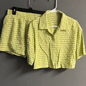 Yellow Textured Button-Up Shirt and Shorts Set